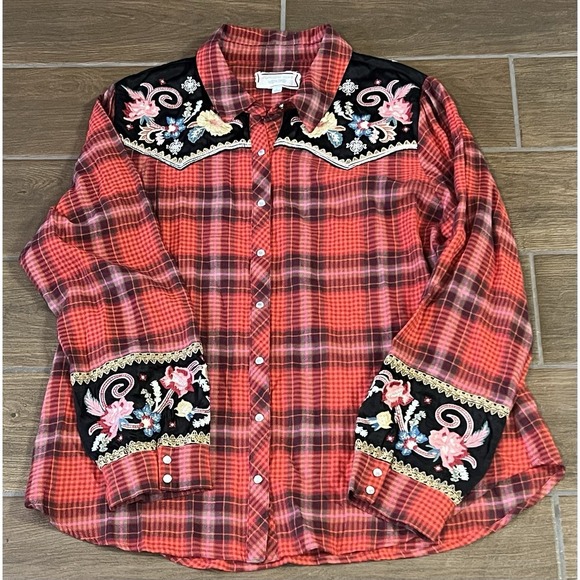 Johnny Was Tops - Johnny Was Workshop Red Esme Button Down Long Sleeve Shirt Large Embroidery